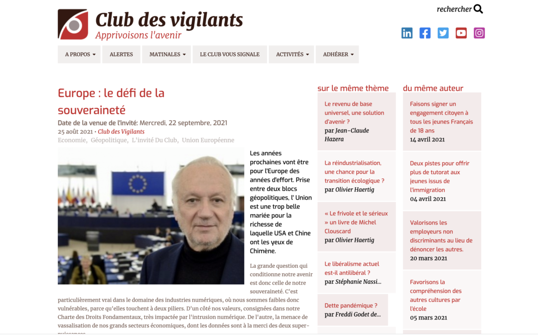 Europe : le défi de la souveraineté – Jean-Marie Cavada invité du Club des Vigilants – 22 septembre 2021