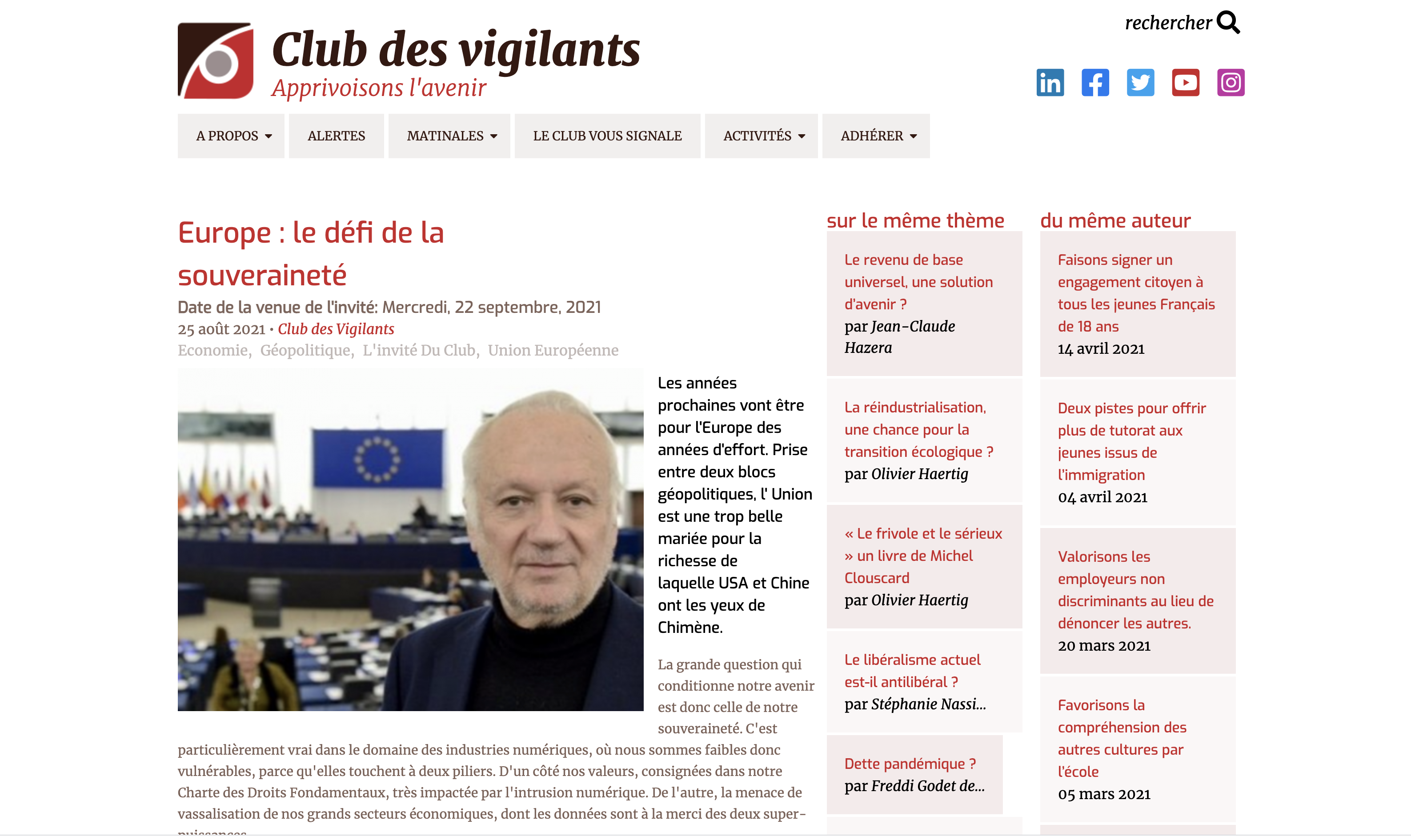 Europe : le défi de la souveraineté – Jean-Marie Cavada invité du Club des Vigilants – 22 septembre 2021