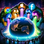 DALL·E 2024-04-12 20.40.40 - A metaphorical illustration showing the GAFAM (Google, Apple, Facebook, Amazon, Microsoft) represented as giant, stylized monsters sitting around a la