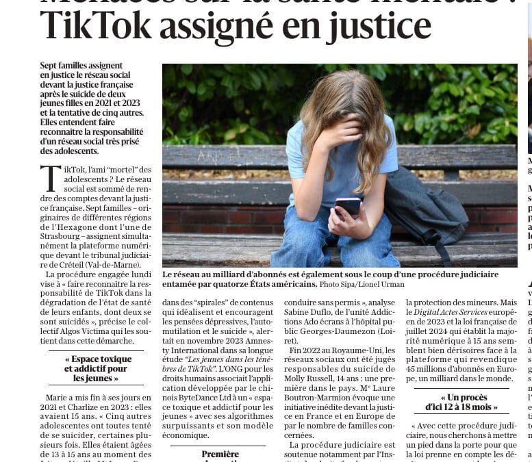 Recours judiciaire contre TikTok devant le juge civil : sept familles s’unissent pour  faire reconnaître la responsabilité du réseau social